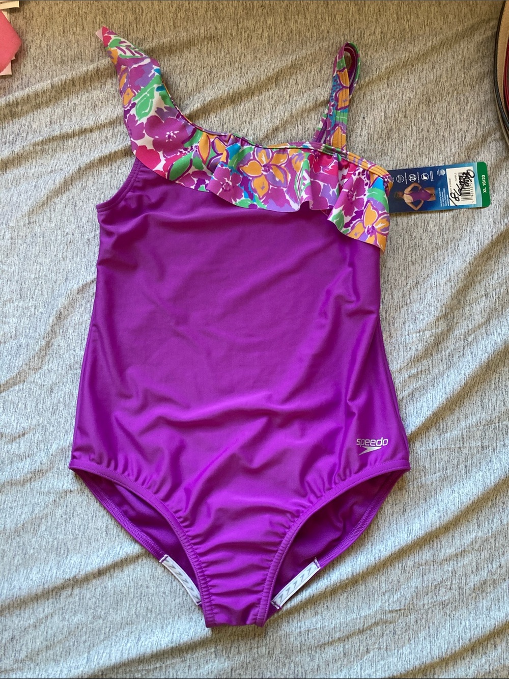 Speedo youth Purple One-Shoulder Ruffle Floral-Trim Swimsuit